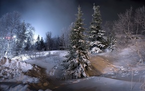 trees, landscape, snow, lights, cold, hills