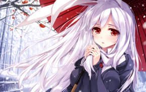 anime girls, tie, snow, bunny ears, red eyes, fruit