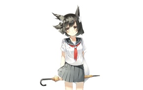 school uniform, anime girls, nekomimi, sailor uniform, umbrella, black hair