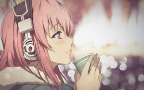 Nitroplus, anime, profile, anime girls, pink hair, blurred