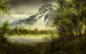 trees, mountains, artwork