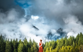 girl, girl outdoors, clouds, trees