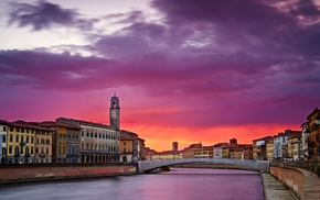 river, bridge, Italy, sunset, urban, clouds