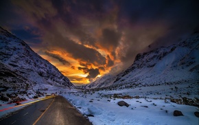 snow, sunset, landscape, road, winter, nature