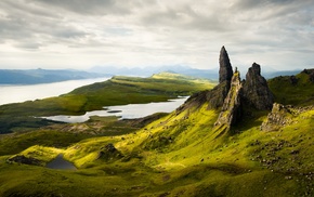 rock, landscape, lake, clouds