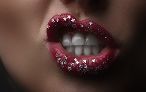teeth, stars, red lipstick, girl, face, closeup