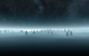 nature, landscape, winter, trees, snow, digital art