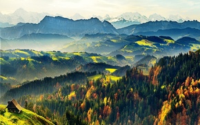 Switzerland, snowy peak, sunlight, landscape, nature, fall