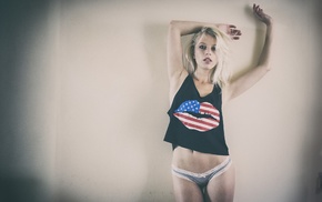 T, shirt, girl, wall, blonde, arms up