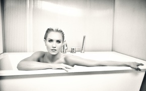 girl, looking at viewer, monochrome, Nicky Whelan, model, bathtub