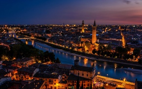 ancient, Verona, rooftops, bridge, tower, reflection