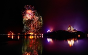 night, water, lights, photography, fireworks, reflection