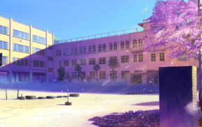 SteinsGate, school, cherry blossom, clear sky, Makise Kurisu