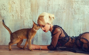 animals, wall, lingerie, cat, blonde, model