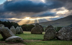 trees, nature, stone circle, clouds, stones, Lake District