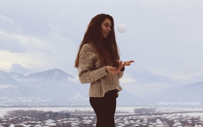 girl, smiling, snowy mountain, snow, snowball, alone
