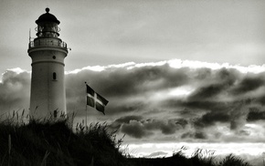 monochrome, flag, clouds, lighthouse, Denmark