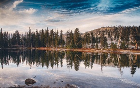 reflection, mountains, lake, clouds