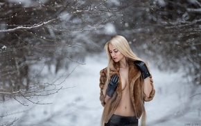 girl, winter, blonde, fur coats, no bra, gloves