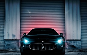building, lights, Maserati GranTurismo, Maserati, sports car, black cars