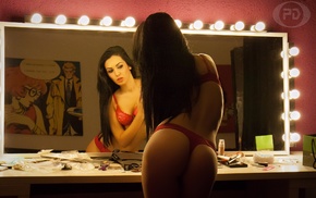 red lingerie, ass, mirror, girl, reflection, back