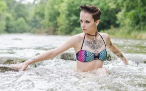 girl, tattoo, short hair, girl outdoors, model, river