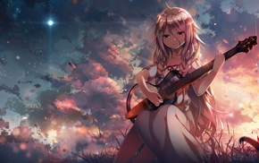 stars, sky, guitar, sunset, long hair, anime girls