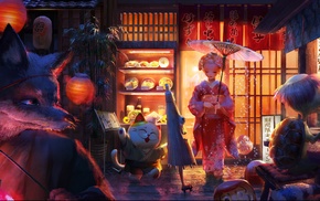 kimono, mask, umbrella, turtle, animals, original characters