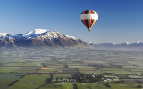 hot air balloons, aerial view, New Zealand, snowy peak