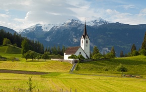 grass, mountains, church