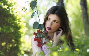 portrait, girl, flowers, looking away, brunette, model