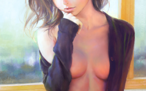 soft shading, blue eyes, strategic covering, drawing, boobs, girl