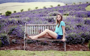 girl, jean shorts, sitting, bench, girl outdoors, model
