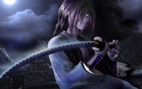 Himura Kenshin, Rurouni Kenshin, night, anime, sword, Samurai X