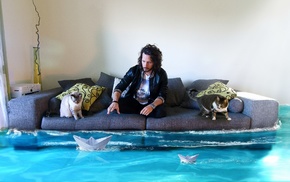animals, paper boats, couch, cat, photo manipulation, men