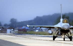General Dynamics F, 16 Fighting Falcon, multiple display, runway, military aircraft, dual monitors