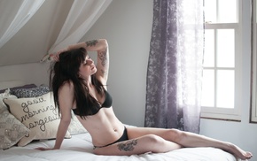 legs crossed, black lingerie, tattoo, long hair, Chrissi, arms up