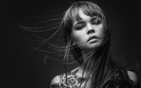 Anastasia Scheglova, model, tattoo, straight hair, simple background, long hair
