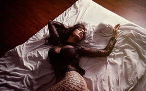 in bed, closed eyes, tattoo, big boobs, girl, black lingerie