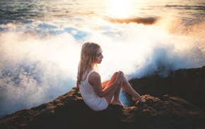 girl, sitting, sea, girl outdoors, water, model