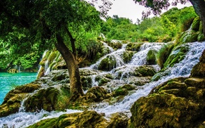 water, trees, nature, landscape, waterfall