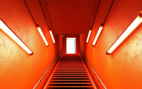 orange, Mirrors Edge, neon, stairs, lights, photography