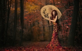 model, leaves, umbrella, girl