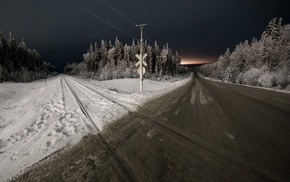 trees, road, snow, railway crossing, landscape, night