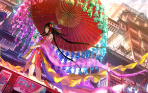 Chinese dress, long hair, city, anime, umbrella, oriental
