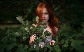 model, girl, girl outdoors, redhead, plants