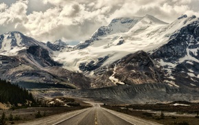 snow, road, mountains