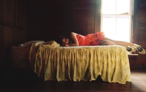 girl, socks, wooden surface, in bed, looking at viewer, bare shoulders