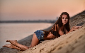 Maria Gorshkova, looking at viewer, black tops, sand, brunette, model