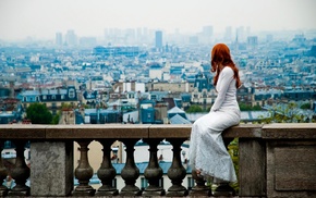 white dress, balcony, model, redhead, girl, city